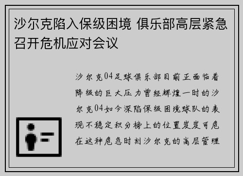 沙尔克陷入保级困境 俱乐部高层紧急召开危机应对会议