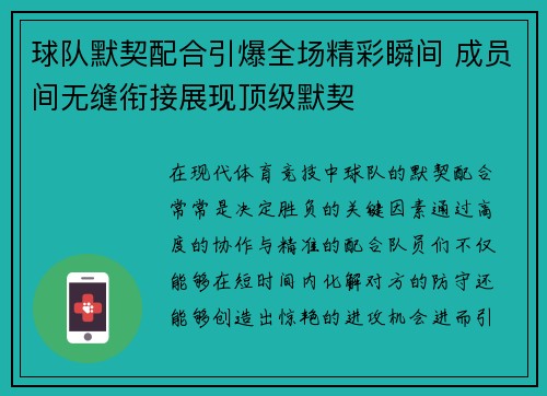 球队默契配合引爆全场精彩瞬间 成员间无缝衔接展现顶级默契