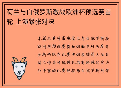 荷兰与白俄罗斯激战欧洲杯预选赛首轮 上演紧张对决