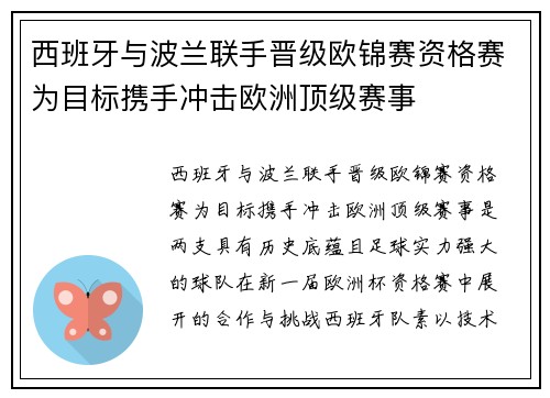 西班牙与波兰联手晋级欧锦赛资格赛为目标携手冲击欧洲顶级赛事