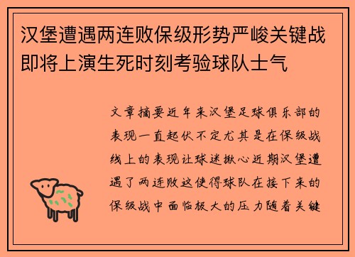 汉堡遭遇两连败保级形势严峻关键战即将上演生死时刻考验球队士气