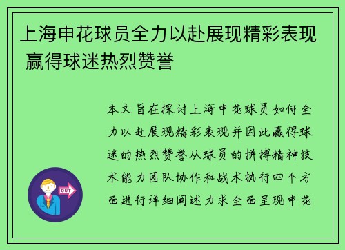 上海申花球员全力以赴展现精彩表现 赢得球迷热烈赞誉